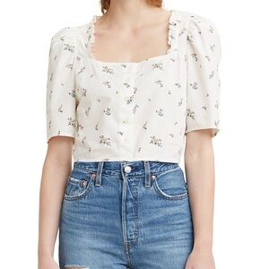 Levi’s Joella Short Puff Sleeve White Floral Blouse M Coquette Preppy
